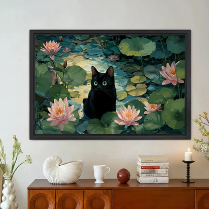 Black Cat Water Lily Pond Canvas Wall Art Framed Print|Liberty Signs#L1918