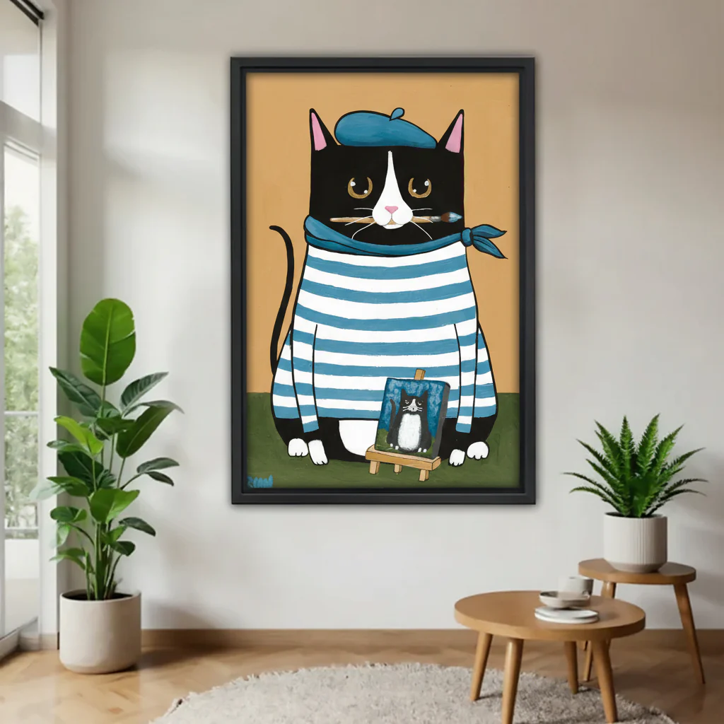 French Cat Artist Wall Art Print - Whimsical Black Cat Painting Canvas|Liberty Signs #L667