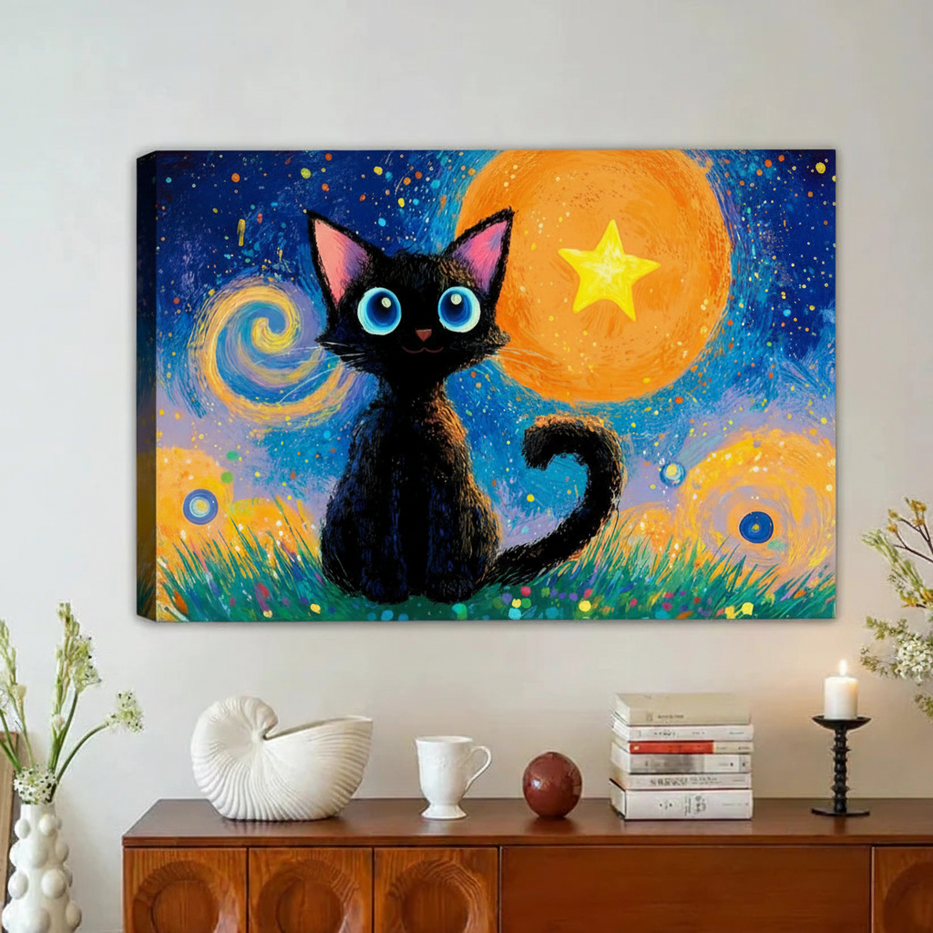 Black Cat Starry Night Framed Canvas Wall Art Print|Liberty Signs#L1950