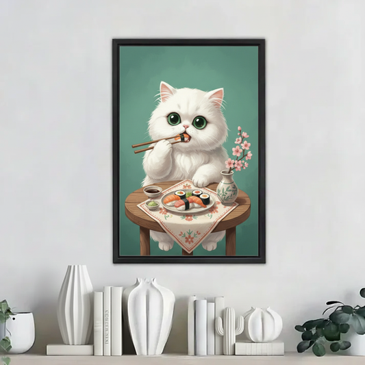 Cute White Cat Eating Sushi Wall Art - Kawaii Animal Canvas Print| Liberty Signs #L269