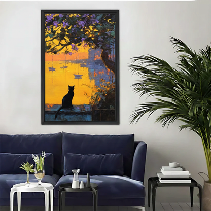 Black Cat Sunset Harbor Impressionist Framed Canvas Art|Liberty Signs#L1880