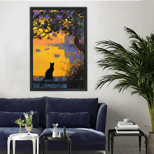 Black Cat Sunset Harbor Impressionist Framed Canvas Art|Liberty Signs#L1880
