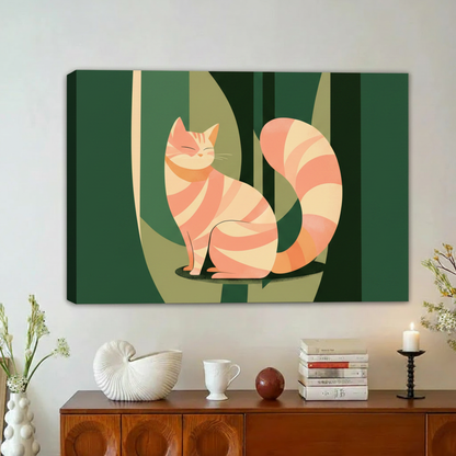 Minimalist Pink Cat Green Geometric Framed Canvas Print|Liberty Signs#L1903