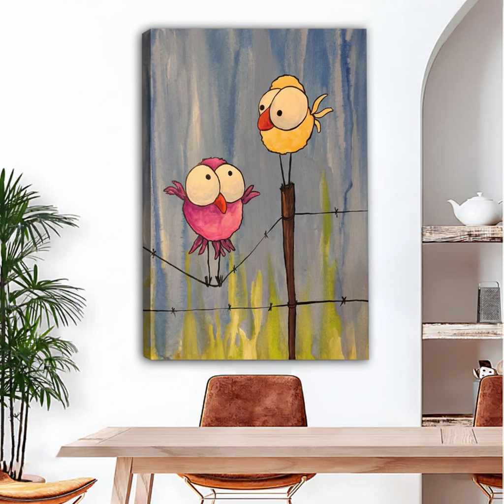 Whimsical birds on wire gallery wrap canvas art on white wall, frameless watercolor nursery wall decor