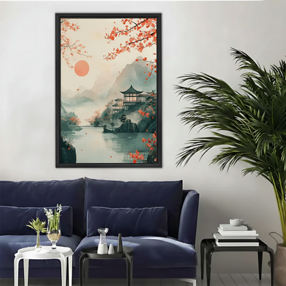 Japanese Mountain Pagoda Cherry Blossom Canvas Wall Art|Liberty Signs#L1808