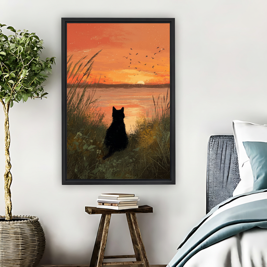 Black Cat Sunset Lake Framed Canvas Wall Art| Liberty Signs #L1636