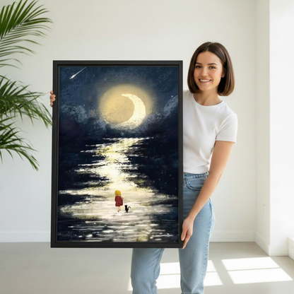 Woman holding moonlit girl black cat night walk framed canvas wall art, black frame, dreamy dark blue watercolor painting with crescent moon, minimalist white room display
