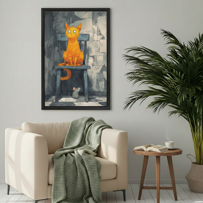 Framed orange cat illustration art print hanging in cozy neutral living room above cream armchair