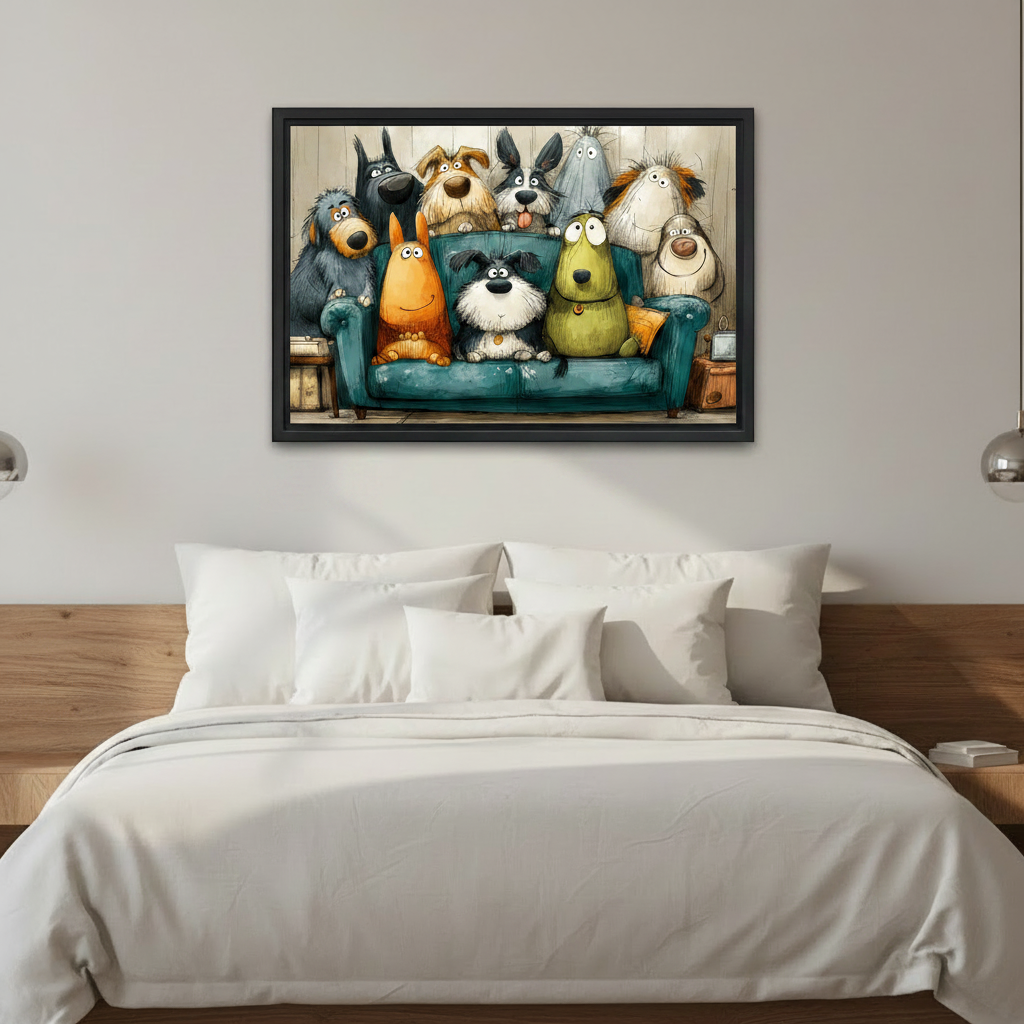 Funny cartoon dogs on sofa framed canvas wall art above bed in cozy bedroom, playful dog lover home decor