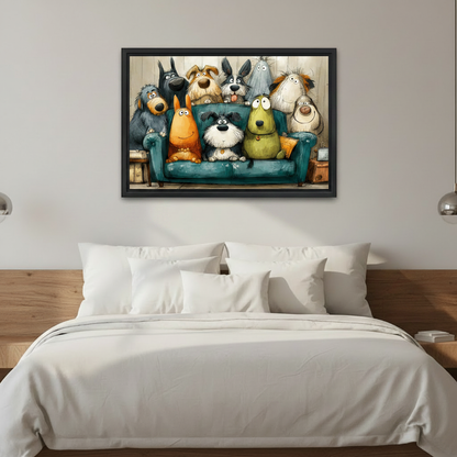 Funny cartoon dogs on sofa framed canvas wall art above bed in cozy bedroom, playful dog lover home decor