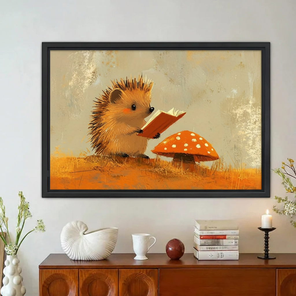 Cute Hedgehog Reading Book Mushroom Framed Canvas Print|Liberty Signs#L1898