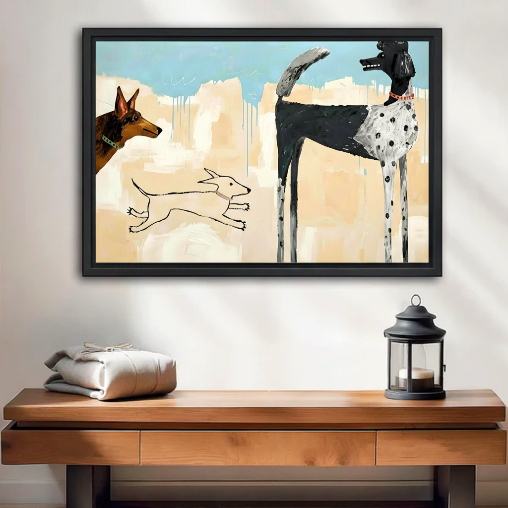 Contemporary abstract dogs framed canvas wall art above entryway console, bold quirky dog lover home decor