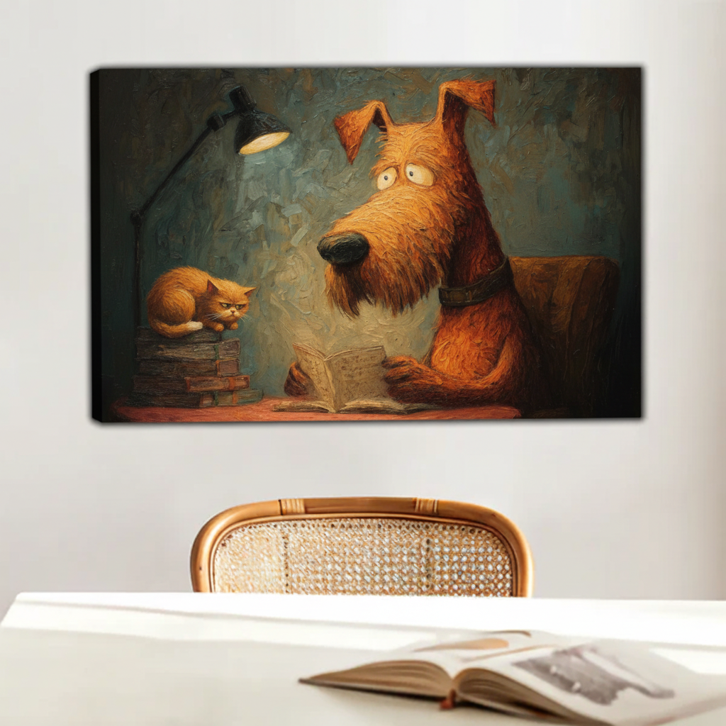 Dog and cat bookworm illustration canvas wall art unframed above white dining table with rattan chair in Japandi-style home