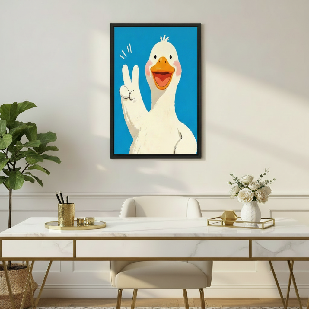 White duck peace sign wall art close up, pop art style framed canvas print, dorm and kids bedroom decor
