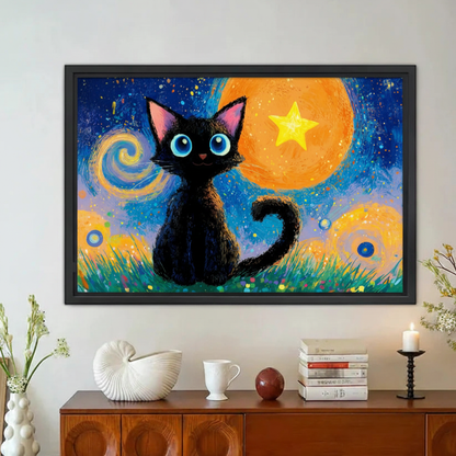 Black Cat Starry Night Framed Canvas Wall Art Print|Liberty Signs#L1950