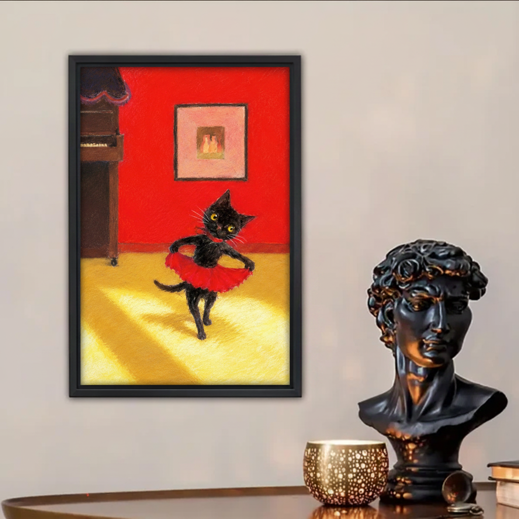 Gallery wrap canvas of dancing black cat in red tutu – oil painting wall art