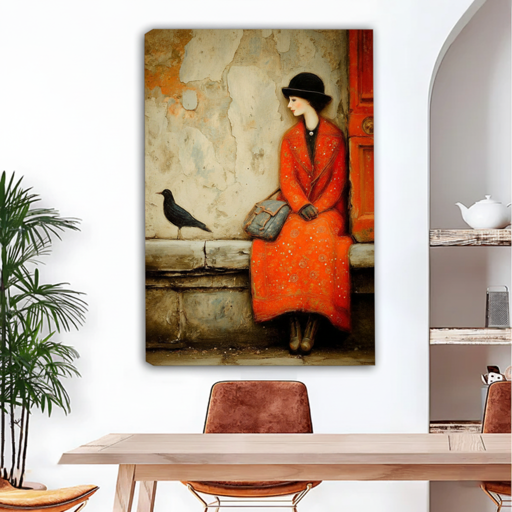Vintage figurative oil painting gallery wrap canvas art hanging in modern dining room