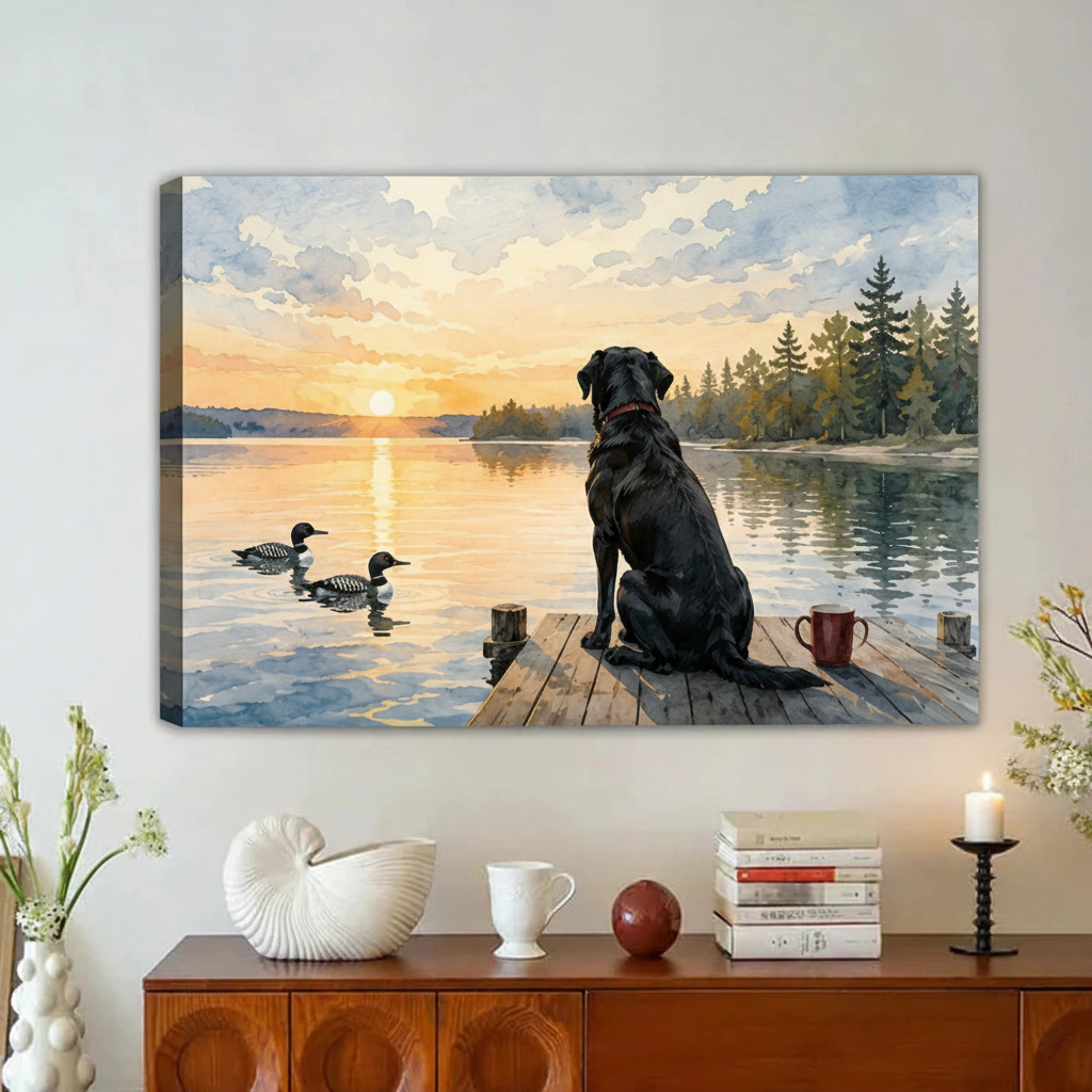 Black Lab on Lake Dock Framed Canvas Wall Art|Liberty Signs#L1943
