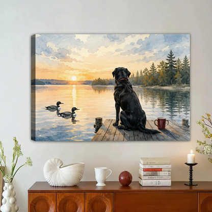 Black Lab on Lake Dock Framed Canvas Wall Art|Liberty Signs#L1943