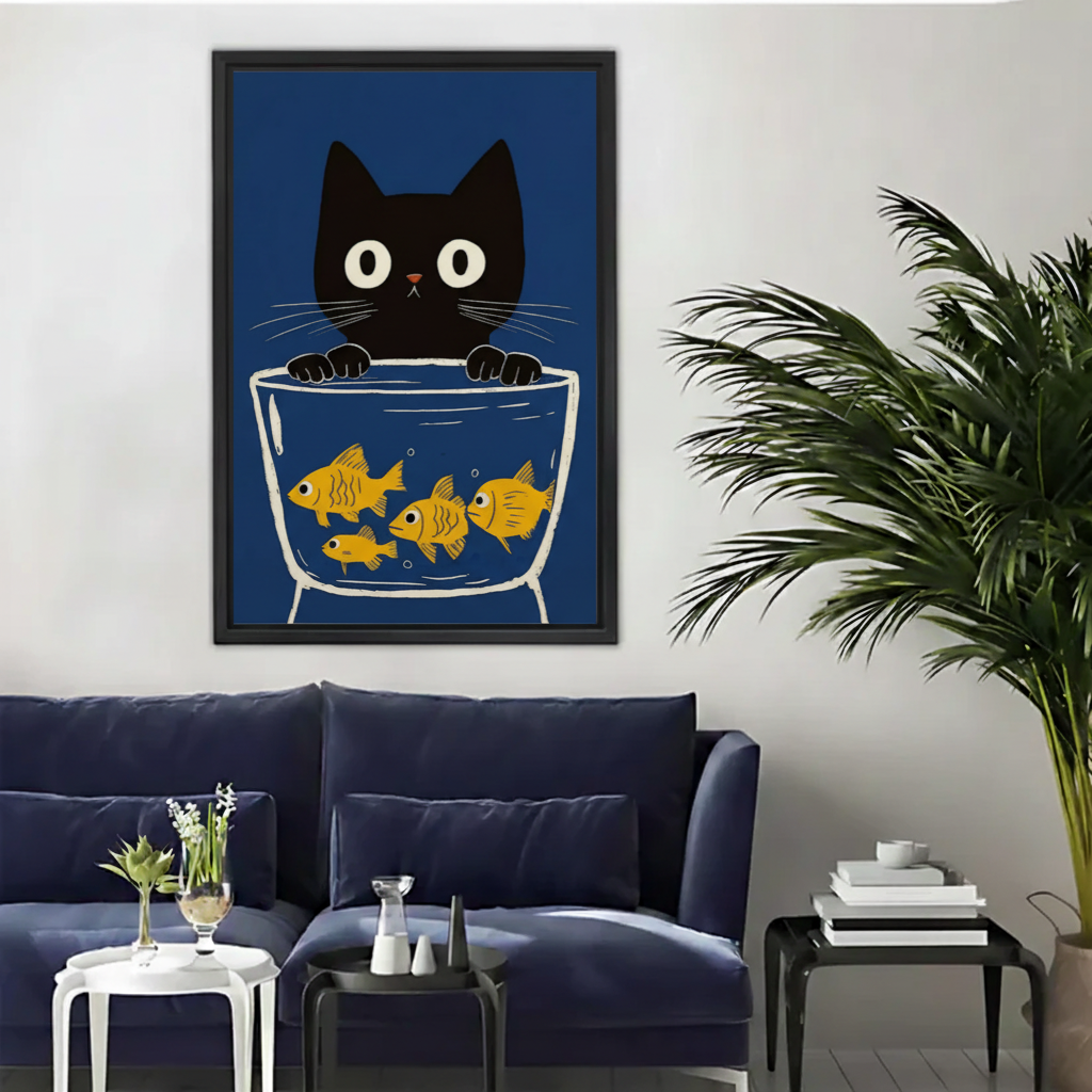 Curious Black Cat Watching Goldfish Framed Canvas Wall Art|Liberty Signs#L1963