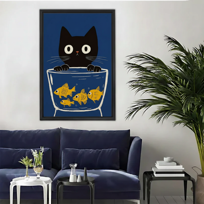 Curious Black Cat Watching Goldfish Framed Canvas Wall Art|Liberty Signs#L1963