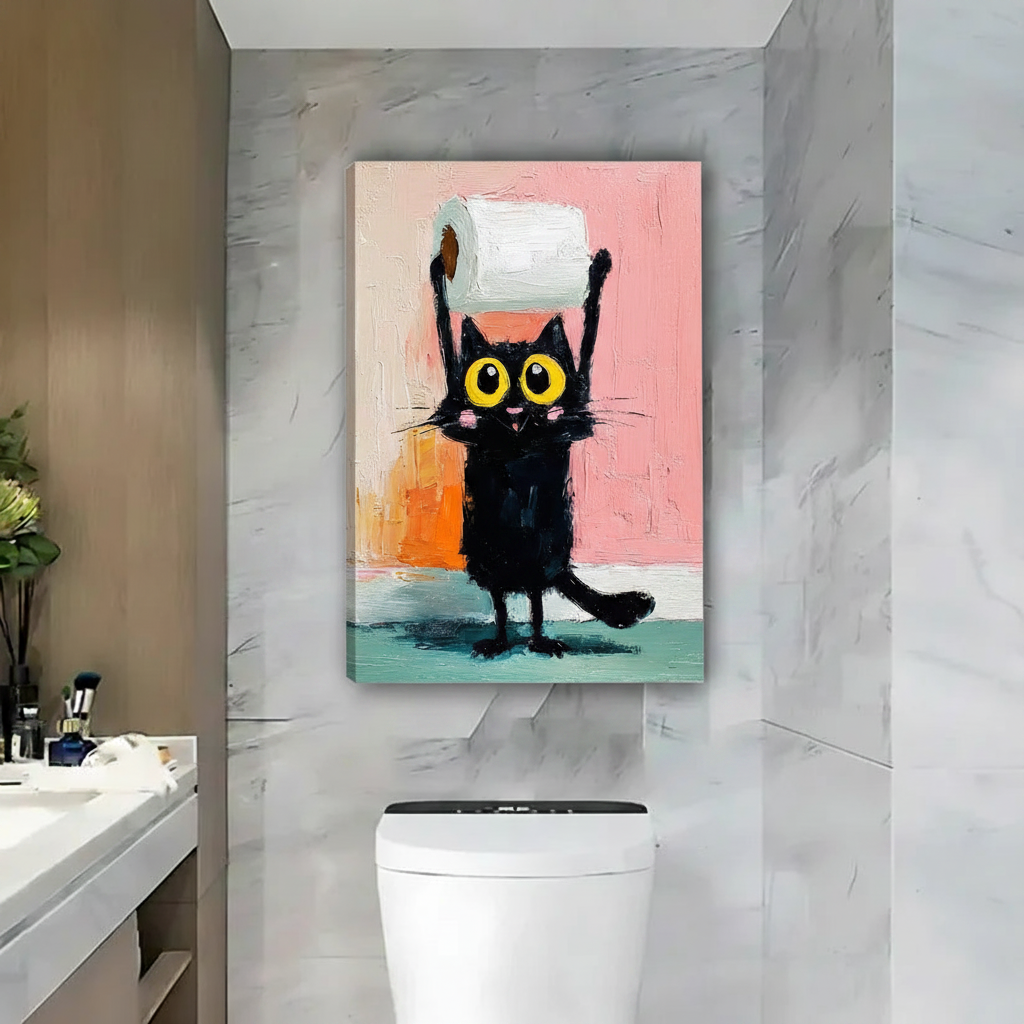 Funny Black Cat Toilet Paper Framed Canvas Wall Art|Liberty Signs#L1911