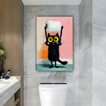 Funny Black Cat Toilet Paper Framed Canvas Wall Art|Liberty Signs#L1911