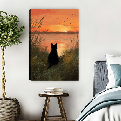 Black Cat Sunset Lake Framed Canvas Wall Art| Liberty Signs #L1636