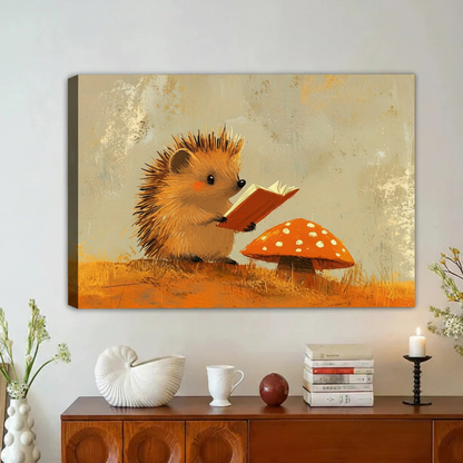 Cute Hedgehog Reading Book Mushroom Framed Canvas Print|Liberty Signs#L1898