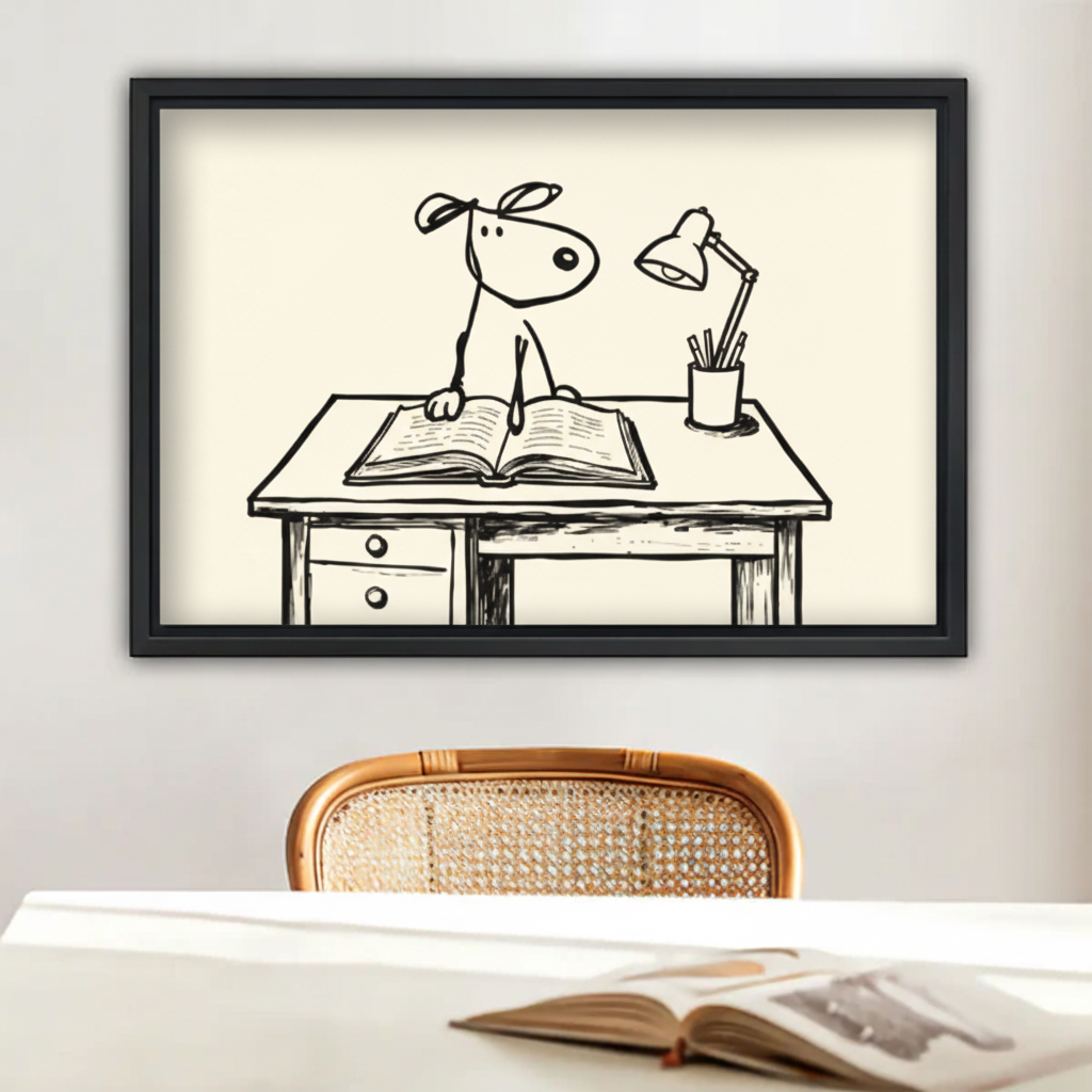 Minimalist dog reading book line art print in black frame above white dining table with rattan chair in cozy home decor