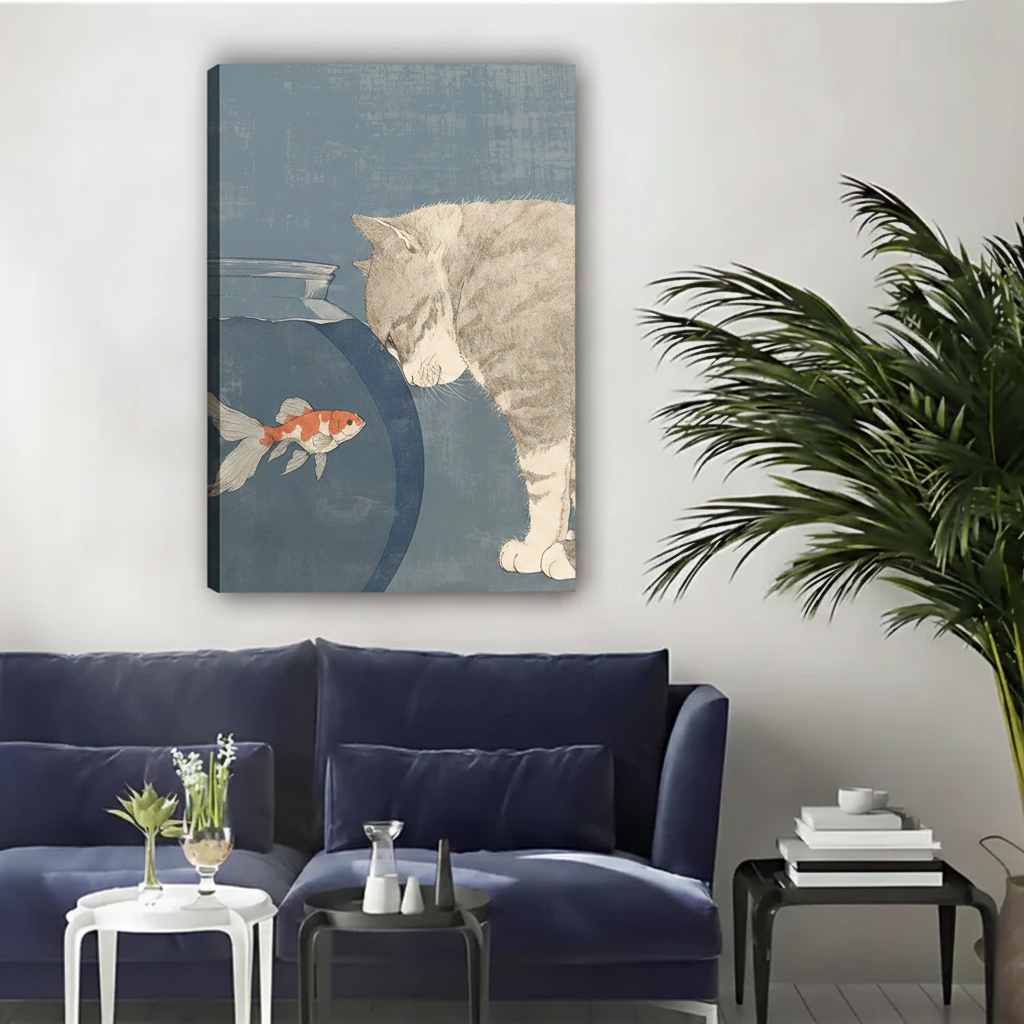 Curious Cat Goldfish Bowl Japanese Style Framed Canvas Art|Liberty Signs#L1953