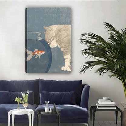 Curious Cat Goldfish Bowl Japanese Style Framed Canvas Art|Liberty Signs#L1953