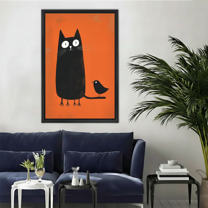 Whimsical black cat and bird orange background wall art print in black frame above navy blue velvet sofa in modern eclectic living room