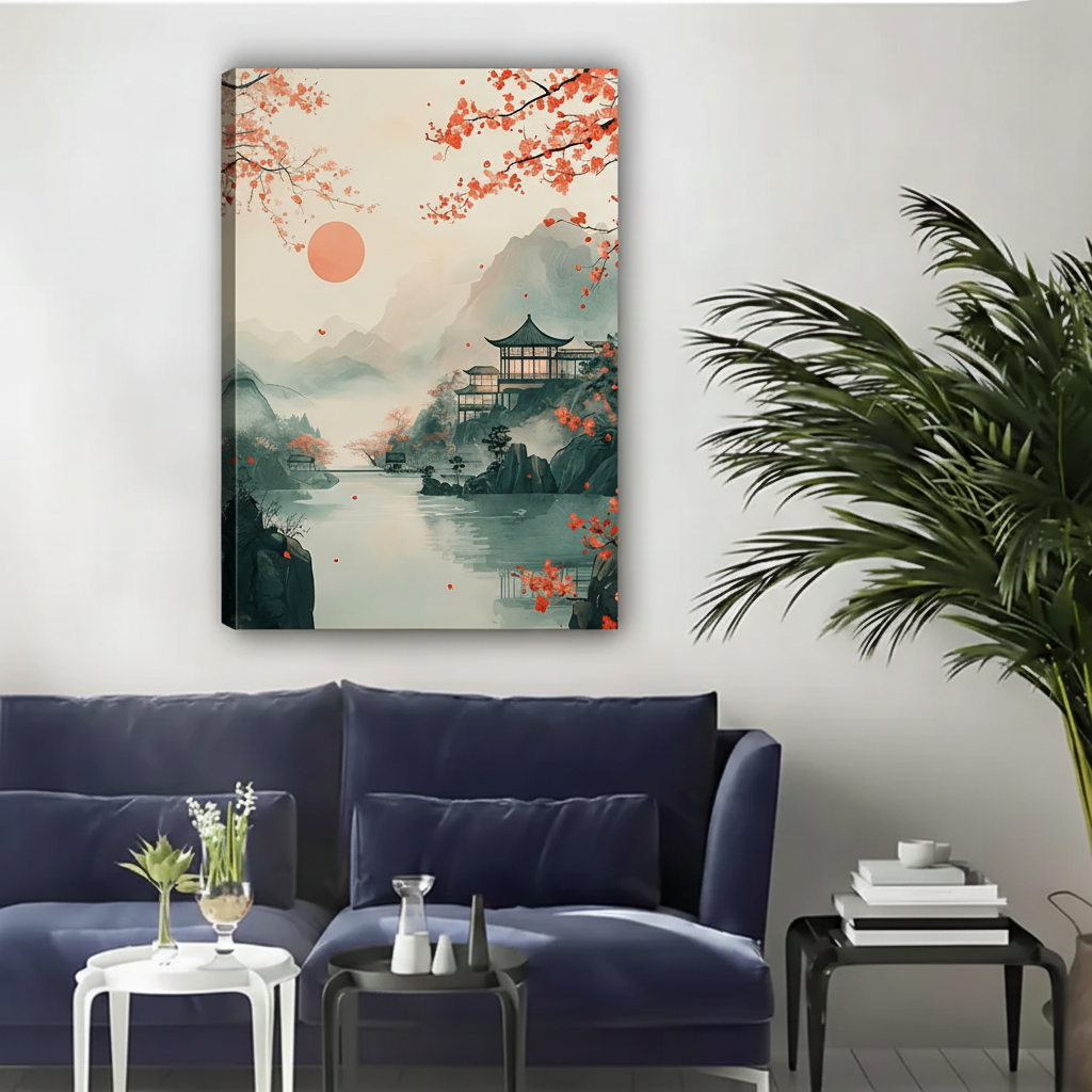 Japanese Mountain Pagoda Cherry Blossom Canvas Wall Art|Liberty Signs#L1808