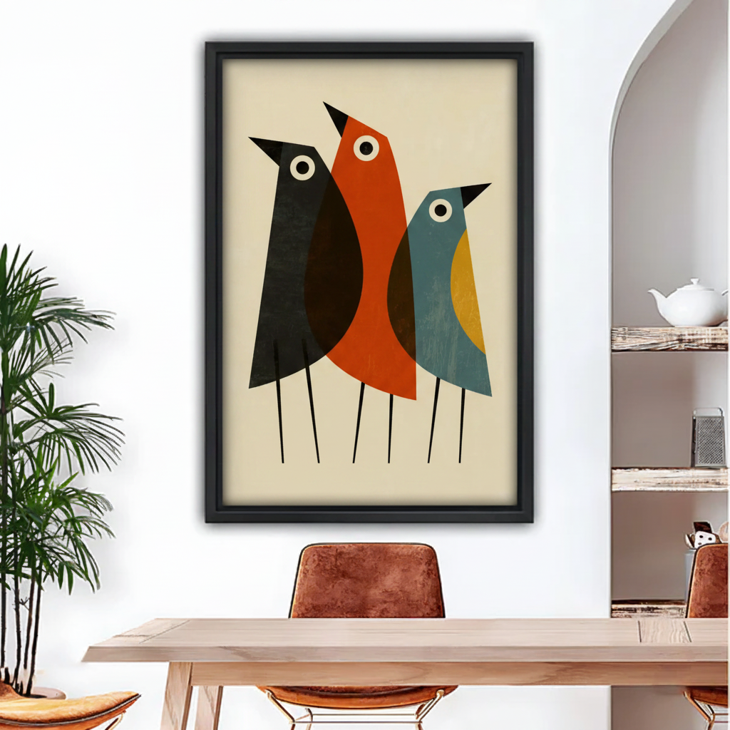 Mid-century modern geometric birds framed wall art print, black frame, three colorful birds illustration, above dining table
