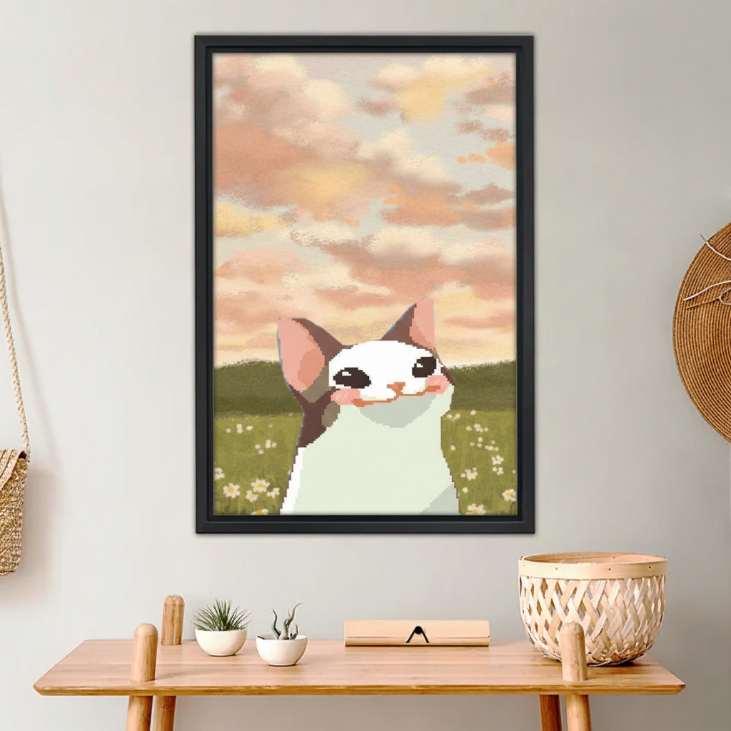 Happy Cat in Sunset Meadow Wall Art - Whimsical Print|Liberty Signs #L911