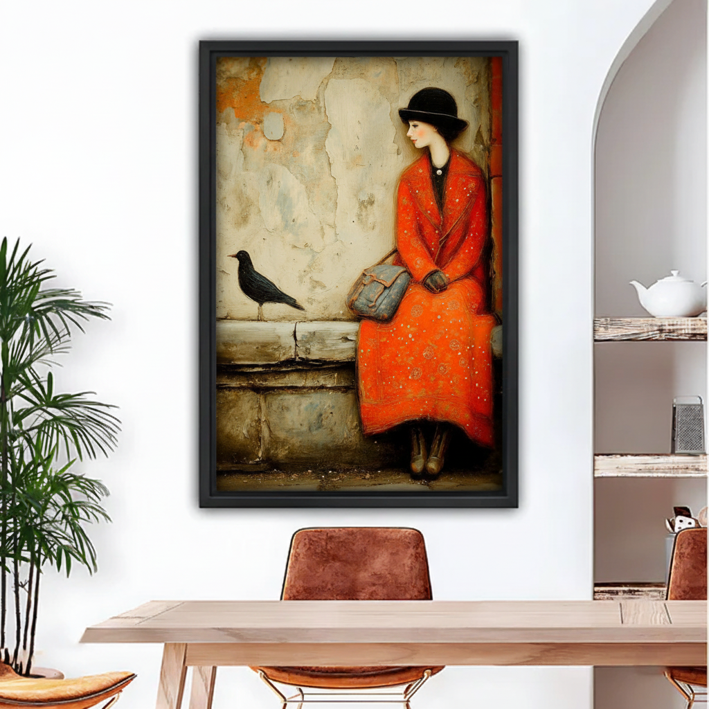 Vintage-style framed art print featuring a lady in orange coat and bowler hat beside a crow, dining room wall decor