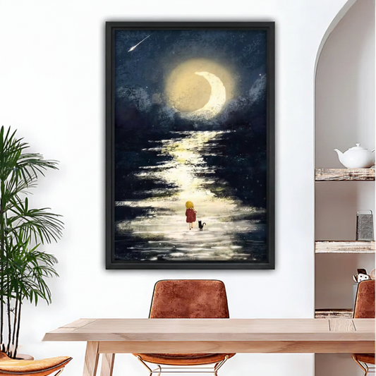 Moonlit girl and black cat night walk framed canvas wall art, black frame, dreamy dark blue watercolor painting with crescent moon and golden moonlight on water, displayed in a modern dining room