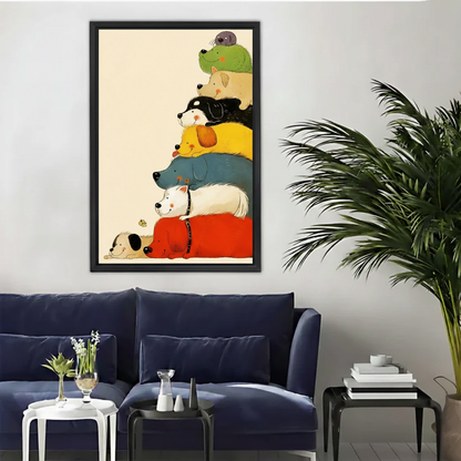 Stacked Dogs Colorful Cartoon Framed Canvas Wall Art|Liberty Signs#L1966