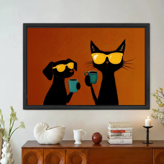 Cool Cat & Dog Coffee Framed Canvas Wall Art|Liberty Signs#L1856