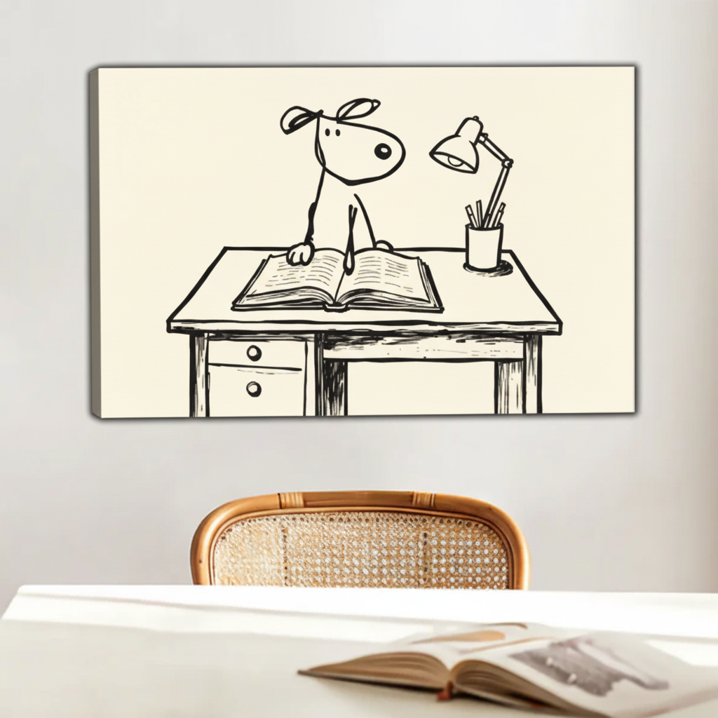 Funny dog at desk line art canvas wall print unframed above white dining table with rattan chair in Japandi-style interior