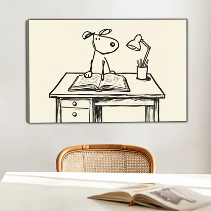 Funny dog at desk line art canvas wall print unframed above white dining table with rattan chair in Japandi-style interior