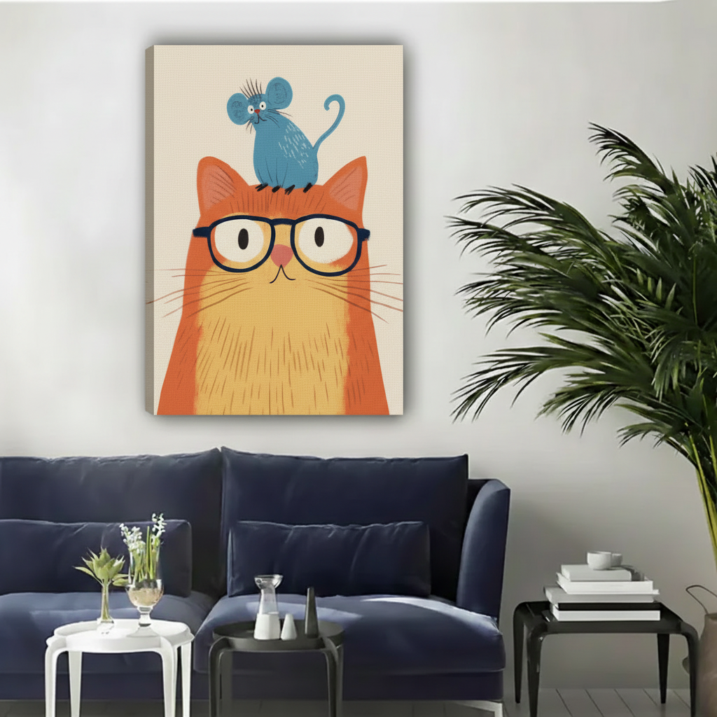 Whimsical cat wearing glasses canvas wall art print with blue mouse on head displayed above navy sofa in contemporary living room