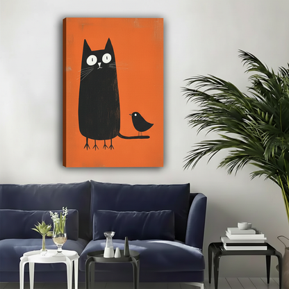 Funny black cat with little bird on tail orange float frame canvas wall art above navy blue sofa with palm plant in contemporary living room