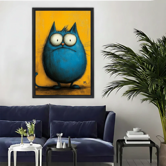 Grumpy Blue Cat Yellow Framed Canvas Wall Art|Liberty Signs#L1878