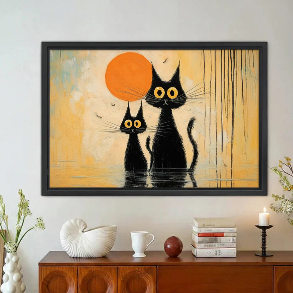 Black Cats Orange Moon Framed Canvas Wall Art|Liberty Signs#L1901