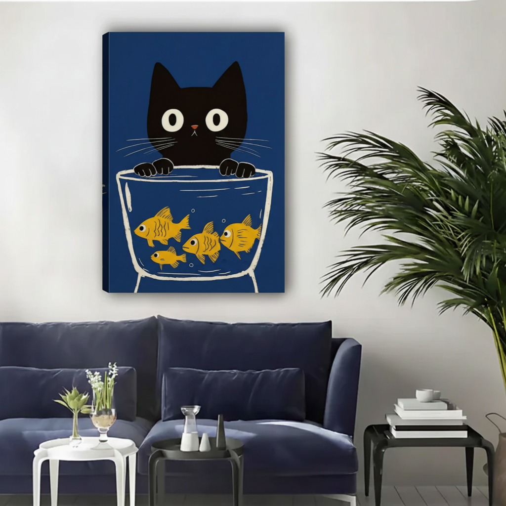 Curious Black Cat Watching Goldfish Framed Canvas Wall Art|Liberty Signs#L1963