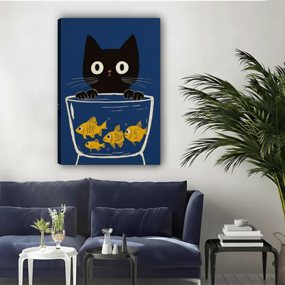 Curious Black Cat Watching Goldfish Framed Canvas Wall Art|Liberty Signs#L1963