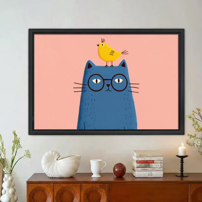 Blue Cat with Bird Framed Canvas Wall Art Print|Liberty Signs#L1919