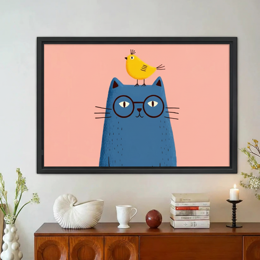 Blue Cat with Bird Framed Canvas Wall Art Print|Liberty Signs#L1919